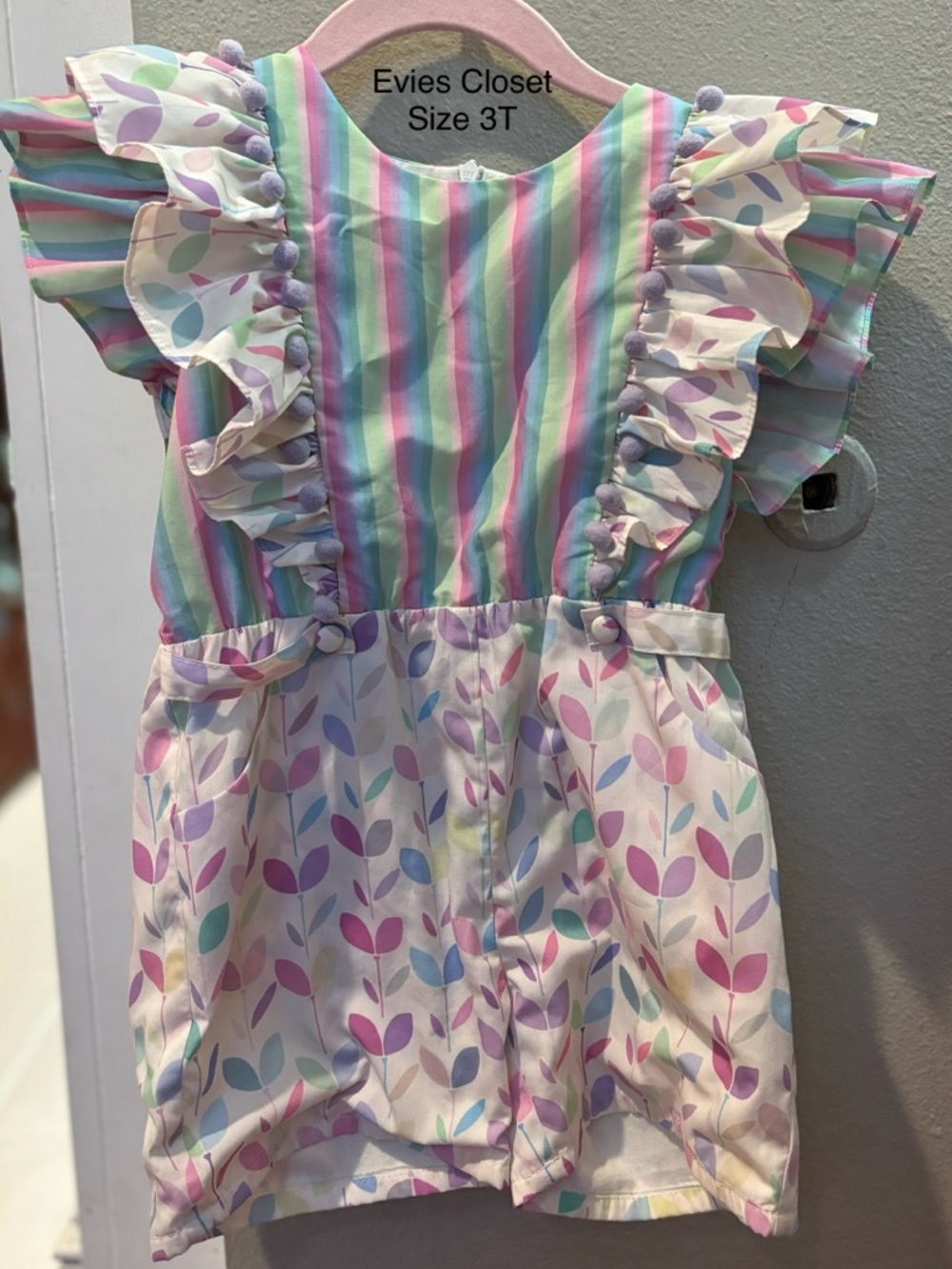 Girls' Pastel Stripe & Leaf One-Piece Bodysuit - Pink/Green/Blue - Size 3T